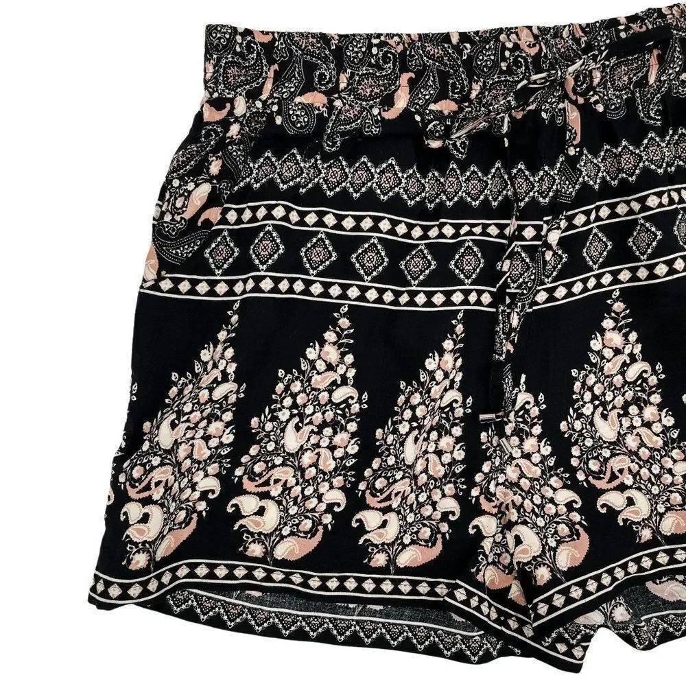 Breeze Ever Loose High Waisted Boho Paisley Print Rayon Shorts Black Large - Picture 4 of 5